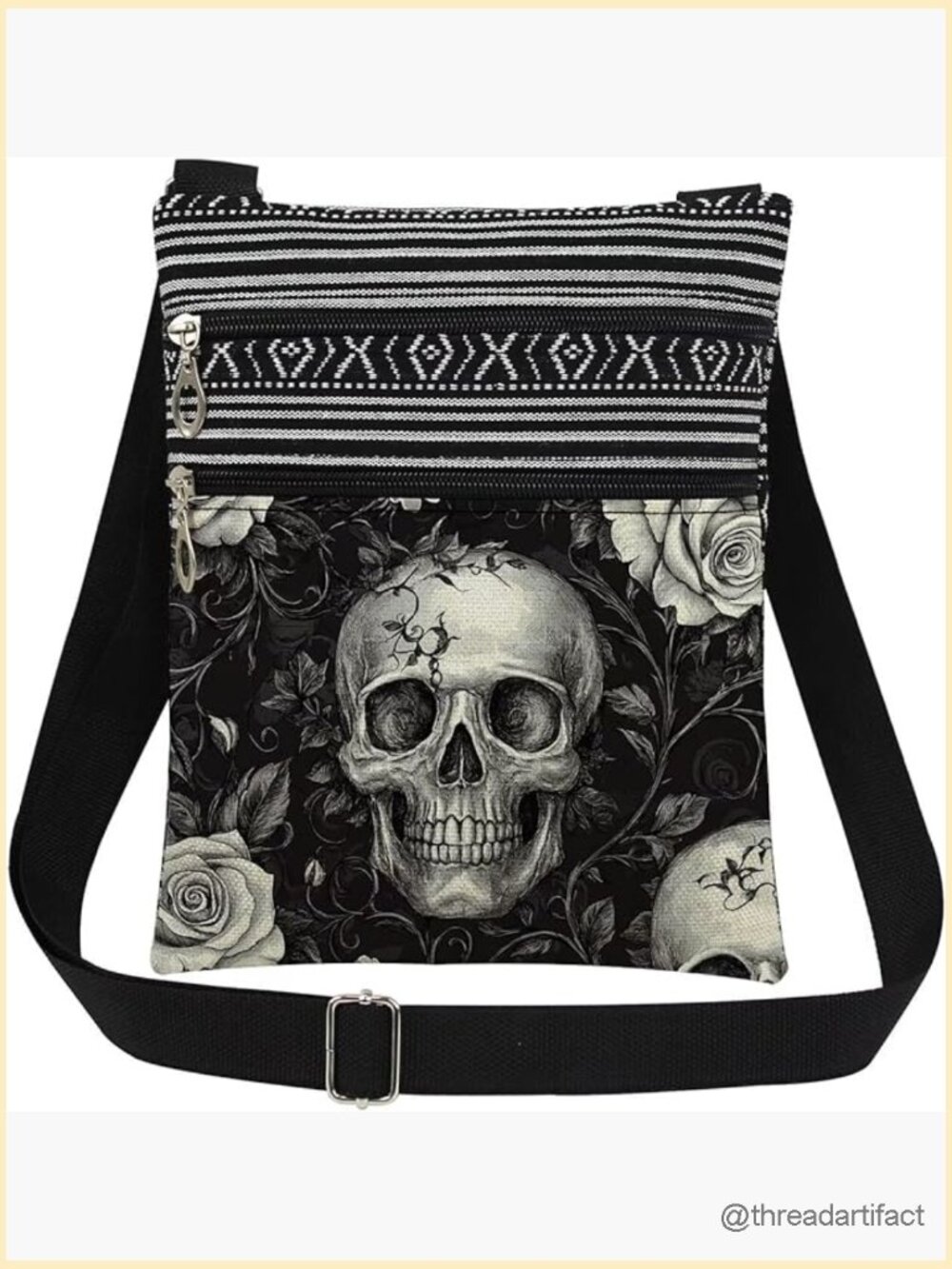 Skull Print Crossbody Bag Adjustable Strap Zipper Closure Lightweight Travel
